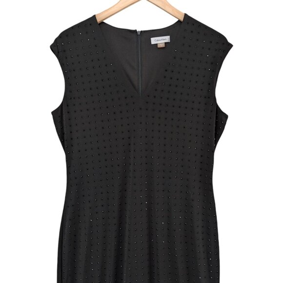 Calvin Klein Studded Maxi Dress Solid Black Cap Sleeve V Neck Sheath Sz 10 - Picture 3 of 11